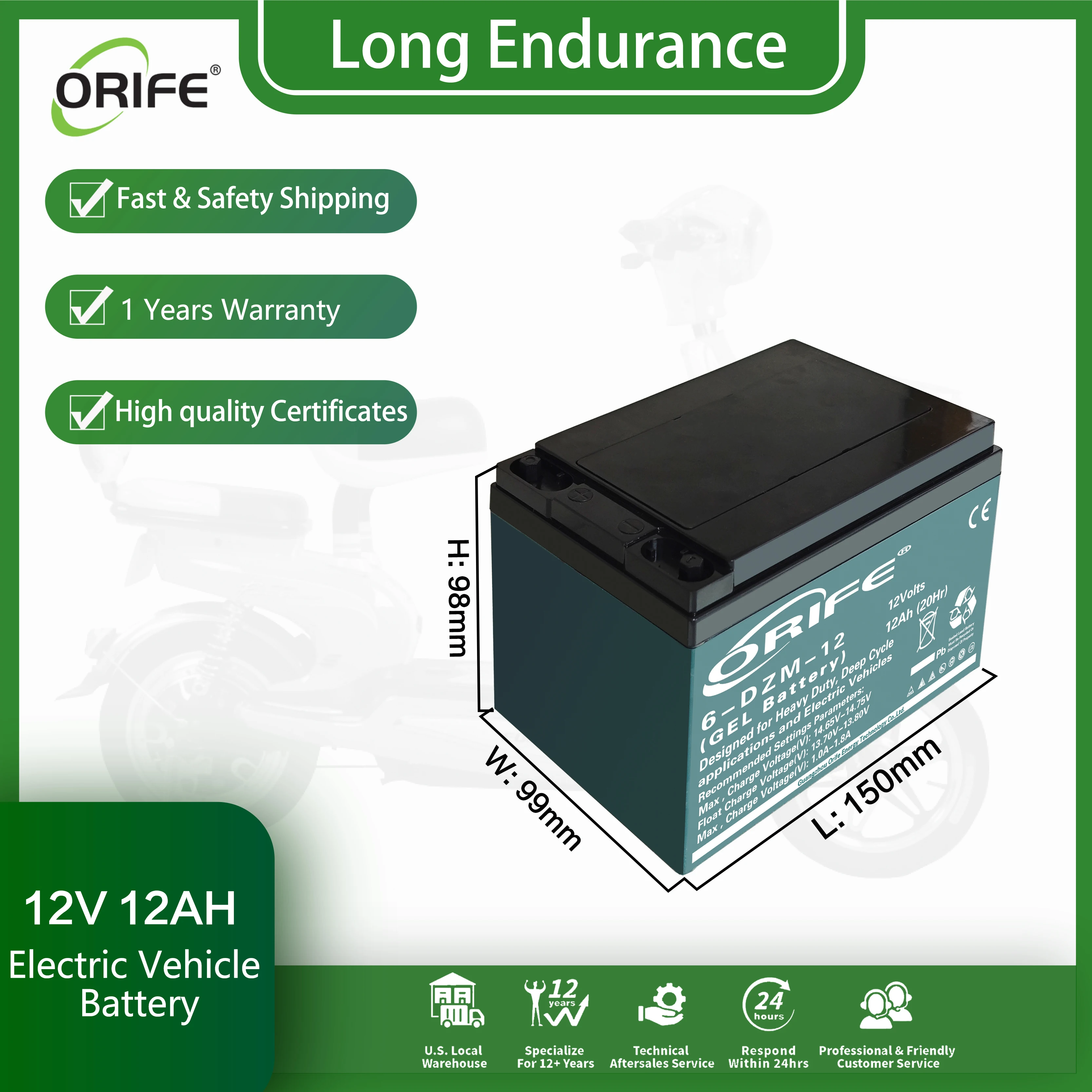 Orife custom long life gobel power motorcycle rechargeable ebike battery 12v 12ah 6 dzm 12