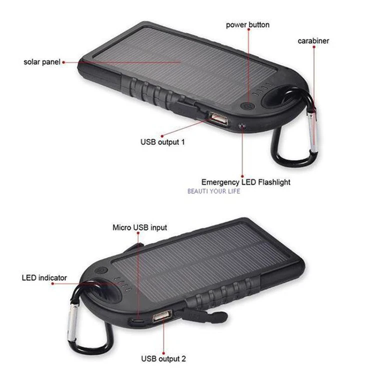 Portable 5000mah LED Dual USB Solar Power Bank Battery Case Cell Phone Charger