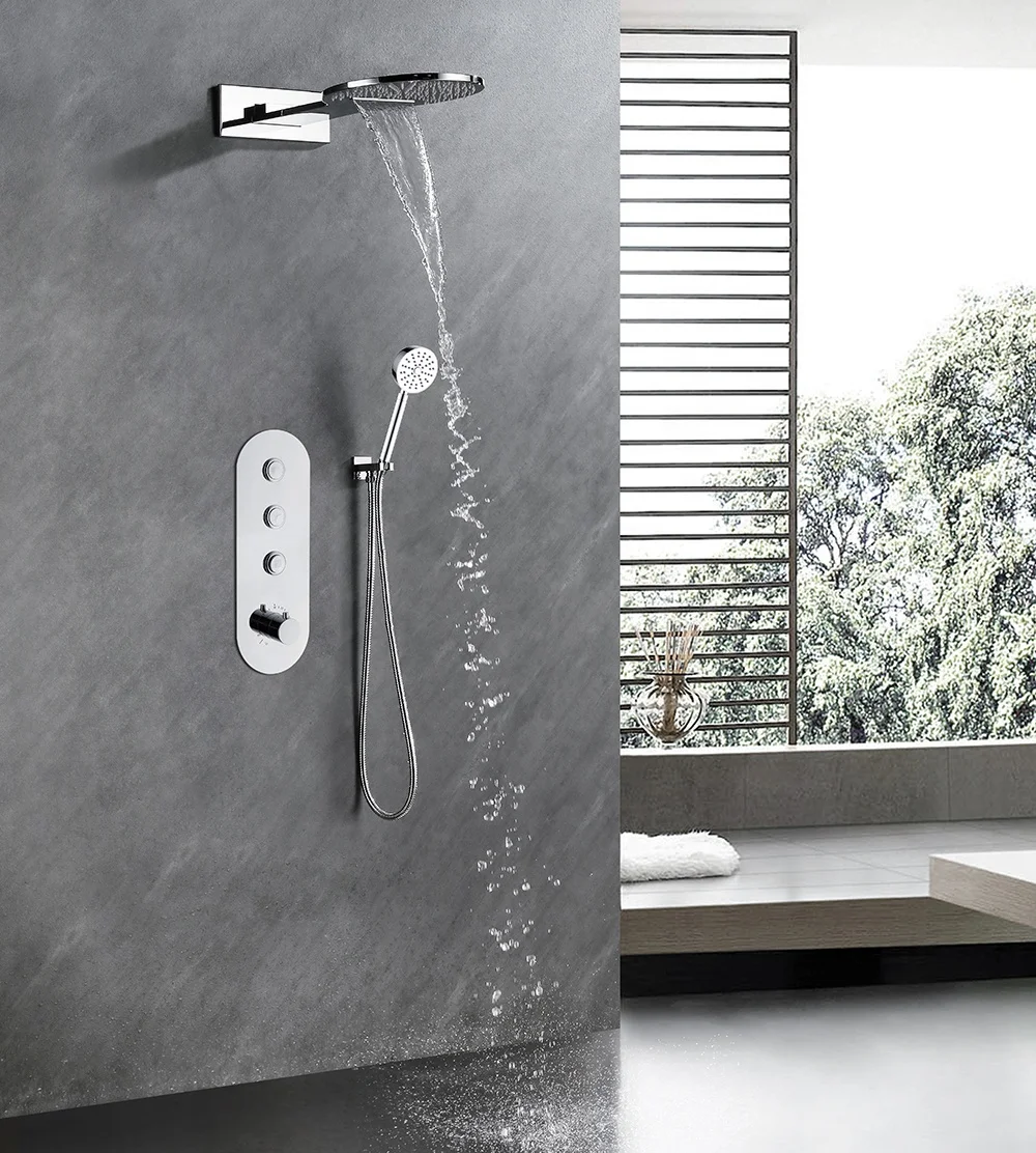 Premium Silver In-Wall Shower System: Three-Function Thermostatic Button Switch, Copper Construction, Round Design, Waterfall