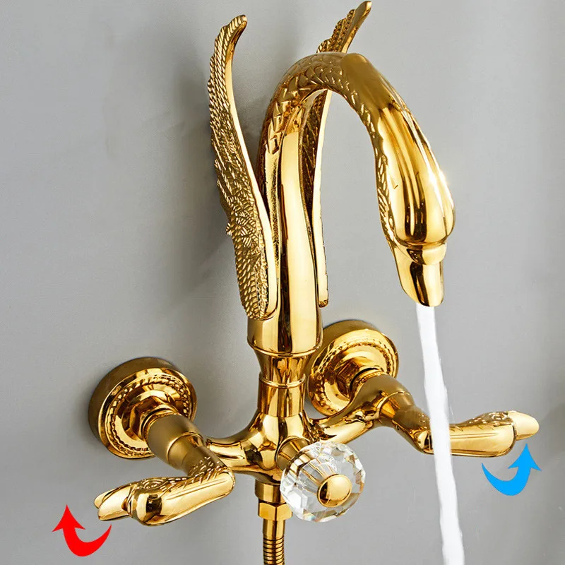 Brass Bathroom Shower Faucet Set Triple Function Golden Swan Shower System