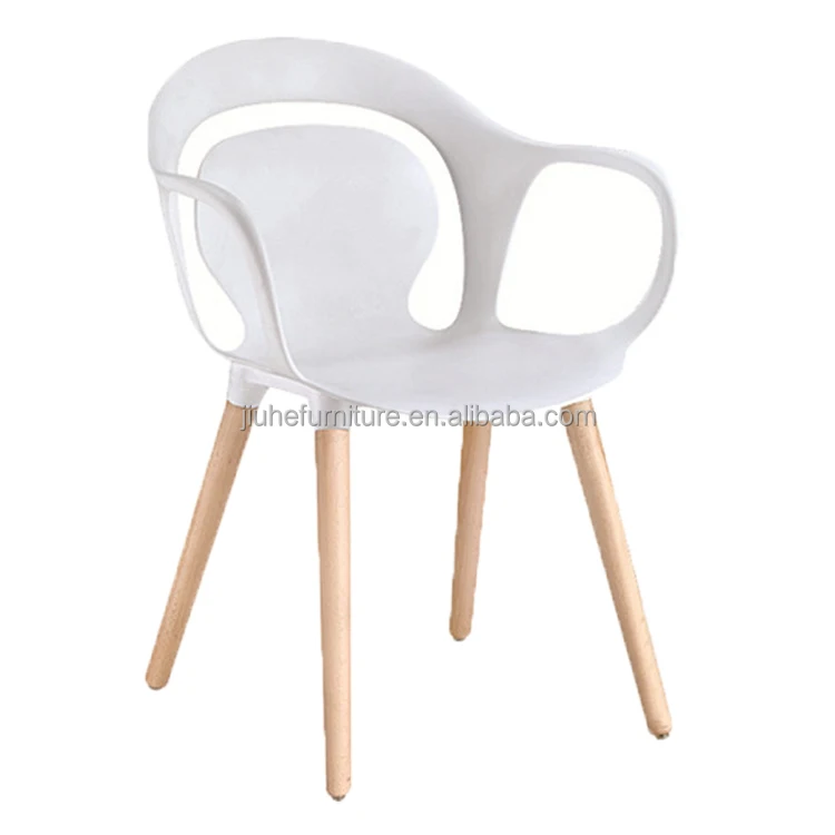 Unique design white plastic armrest kitchen dining chair with wood feet
