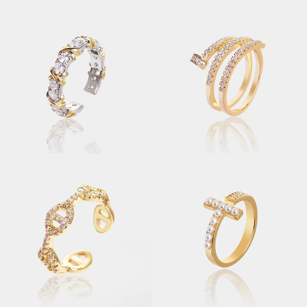 Custom geometric shape multi-layer water drop ring copper plating 18K real gold water drop cross female custom logo ring