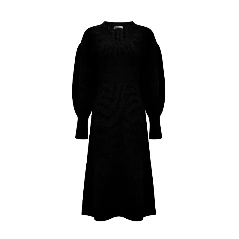 Custom 100% Cashmere Dress Women Lady Winter Knit Woman Vintage Lantern Sleeves Long Cotton Wool Cashmere Sweater Dresses