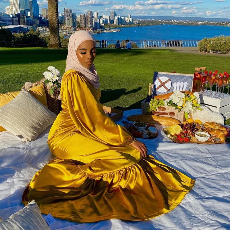 New Design Kaftan Moroccan Satin Arabian Islamic Clothing Dubai Turkish Abaya Women Muslim Dress