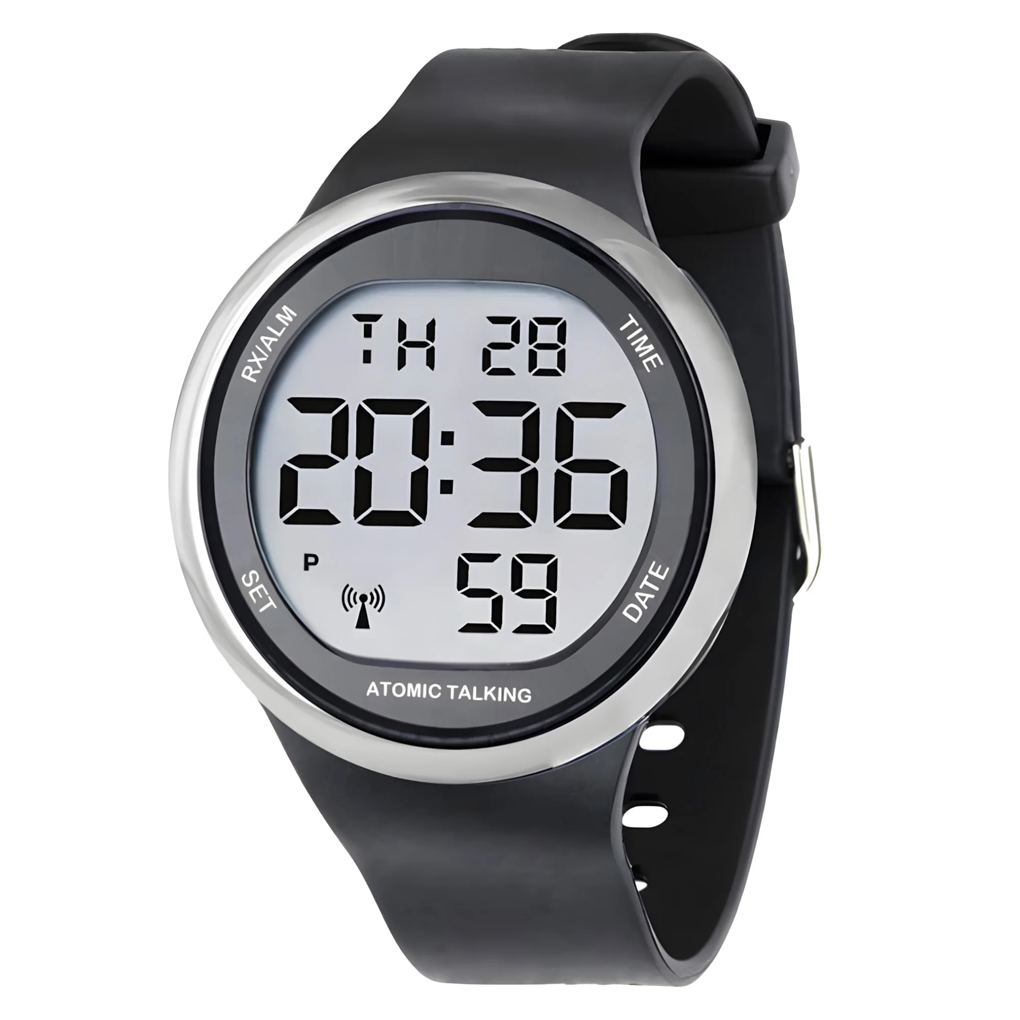 2024 Big LCD Radio Controlled Atomic Talking Digital Watch - Sets Itself Senses Metal Easy-to-Read