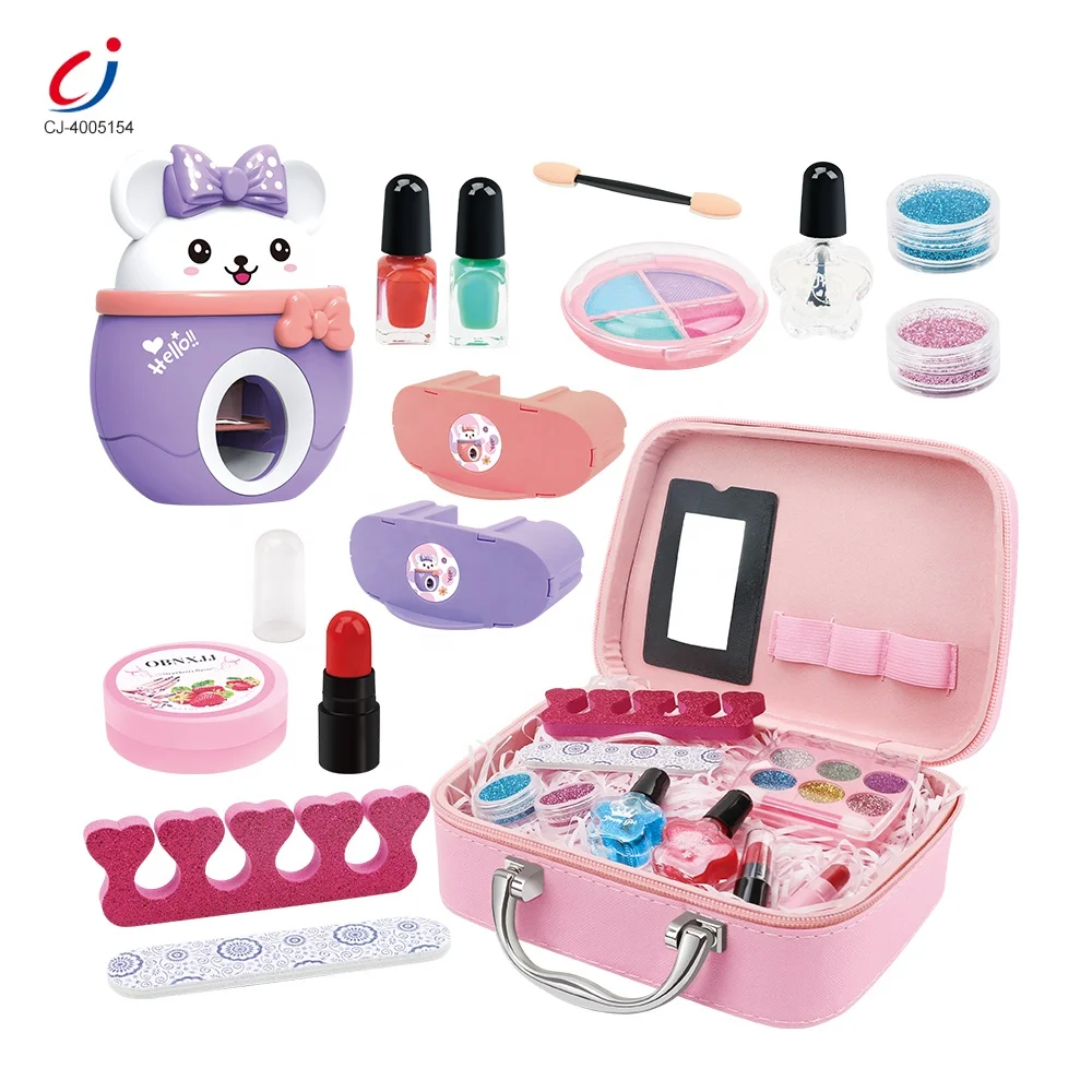 Chengji girls eco friendly diy nail salon machine pretend play cosmetics kids makeup toys set with nails polish