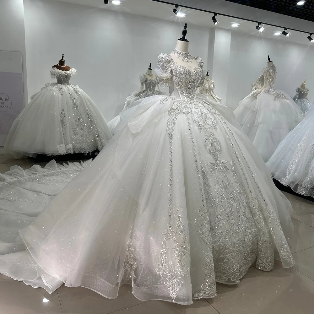 Elegant Wedding Dresses For Women Organza Ball Gown Short Sleeves Wedding Gowns Pearls Xs054