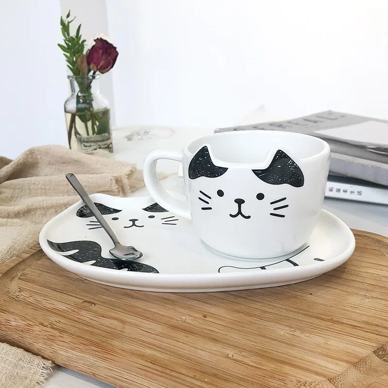 Керамическая чашка с котом и подносом фарфоровый набор для завтрака кофейная кружка десертной тарелкой
