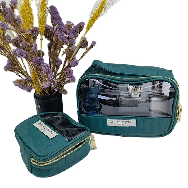 Wholesale Puffy Waffle Weave Lady Green Saffiano Genuine Vegan Pvc Real Leather Make Up Makeup Cosmetic Bag Pouch Set Custom