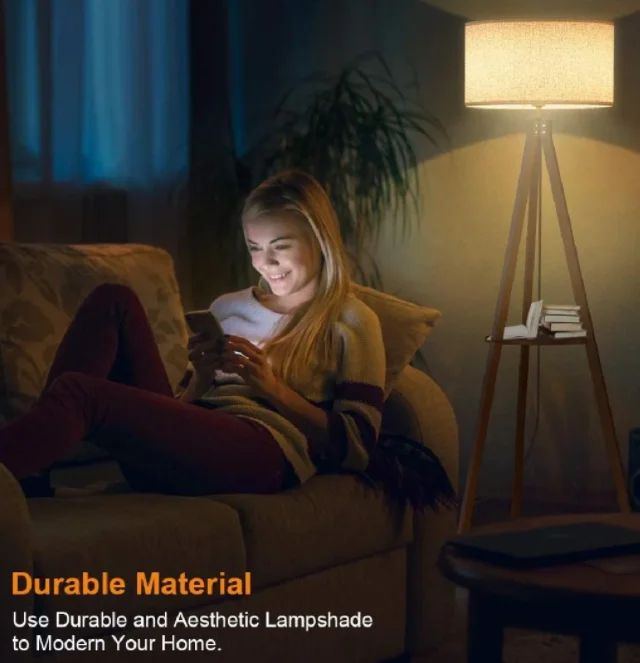 Tripod Floor Lamp Modern Design Shelf Floor Lamp For Living Room Bedroom Office Flaxen Lamp Shade