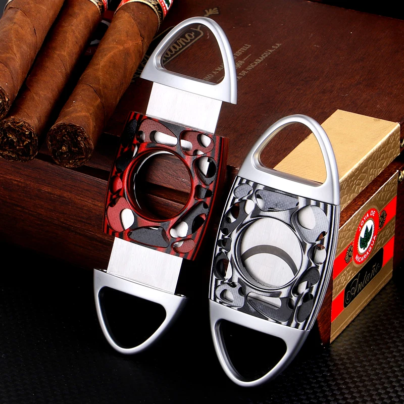 Luxury Table Top Dual Blade Stainless Steel Custom Logo V-cutter Gold Black Cigar V Cut Cutter With Build-in Punch