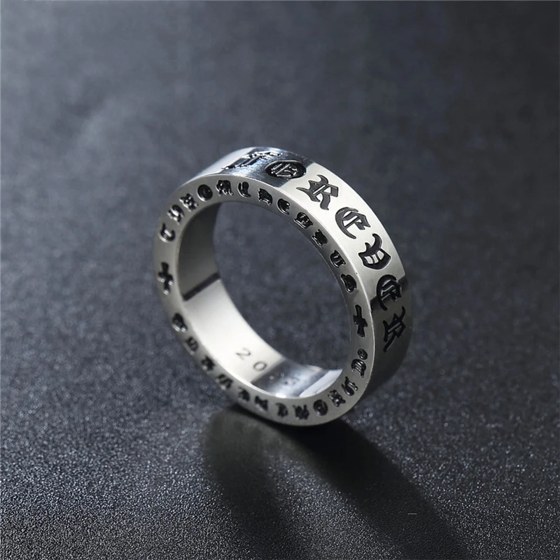 Scripture Personality Religious Belief Ring Cross Six-character Mantra Stainless Steel Silver Ring Men