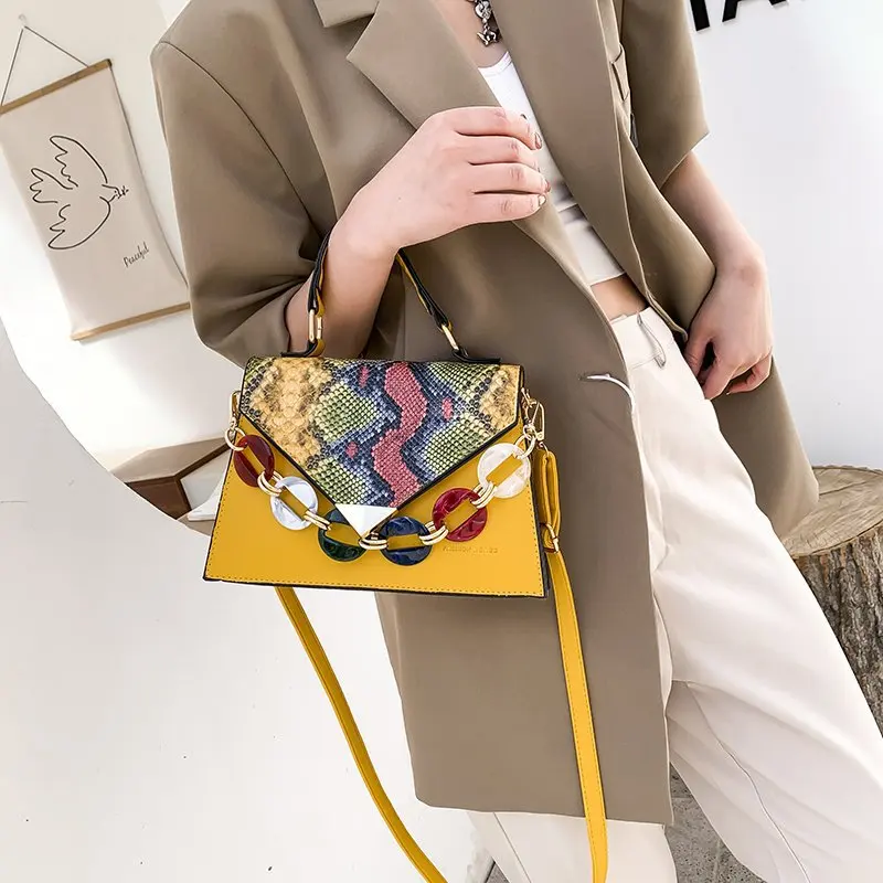 
Dropshipping lady bag 2021 New Korean style contrast color snake pattern color chain portable small square bag 