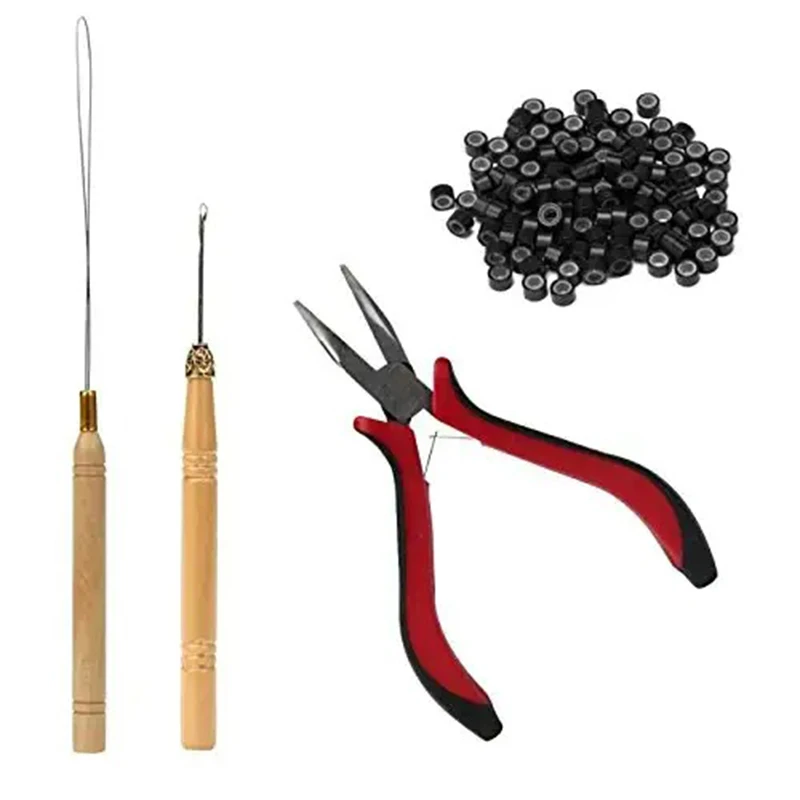 One Set Hair Extension Tool Kit Plier Hook Pulling Needle 200Pc Micro Silicone Link Rings Beads for Hair Styling Tool