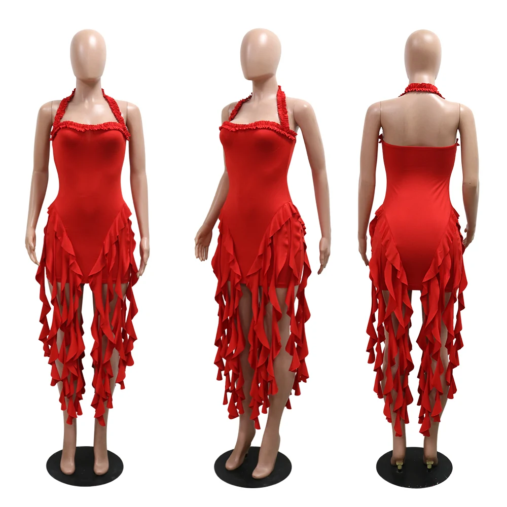 OJW071442 Sexy summer fringed tassel mini halter dresses designer short backless dress