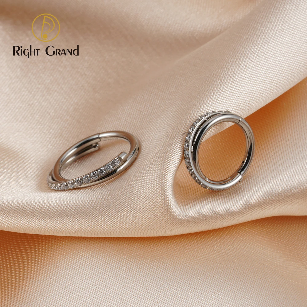 Right Grand Implant Grade ASTM F136 Titanium Clear Zircon Mirror Polish Hinged Clicker for Cartilage Helix Piercing