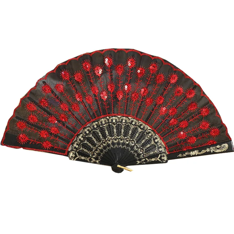 Spanish style foldable plastic embroidered sequin Hand Fans for wedding gifts dancing party Supplies