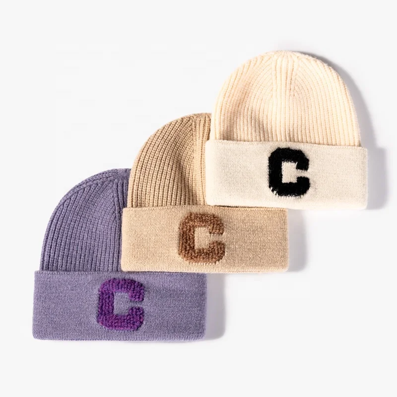 Unisex fashionable Winter warm soft optional C type applique embroidered wool knitted hat