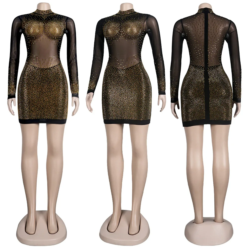 Drop Shipping Long Sleeve Bodycon Dresses Club Mesh Sexy Transparent Women Rhinestone Dress