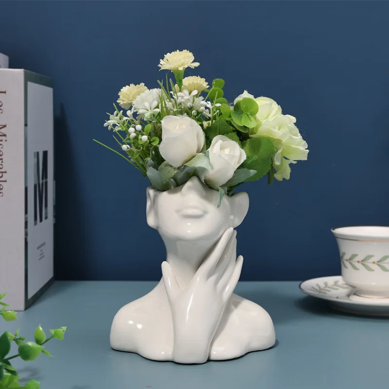 Ceramics Statue Flower Vase Face Pots Bust Head Shaped for Birthday Gifts Home Office Decoration