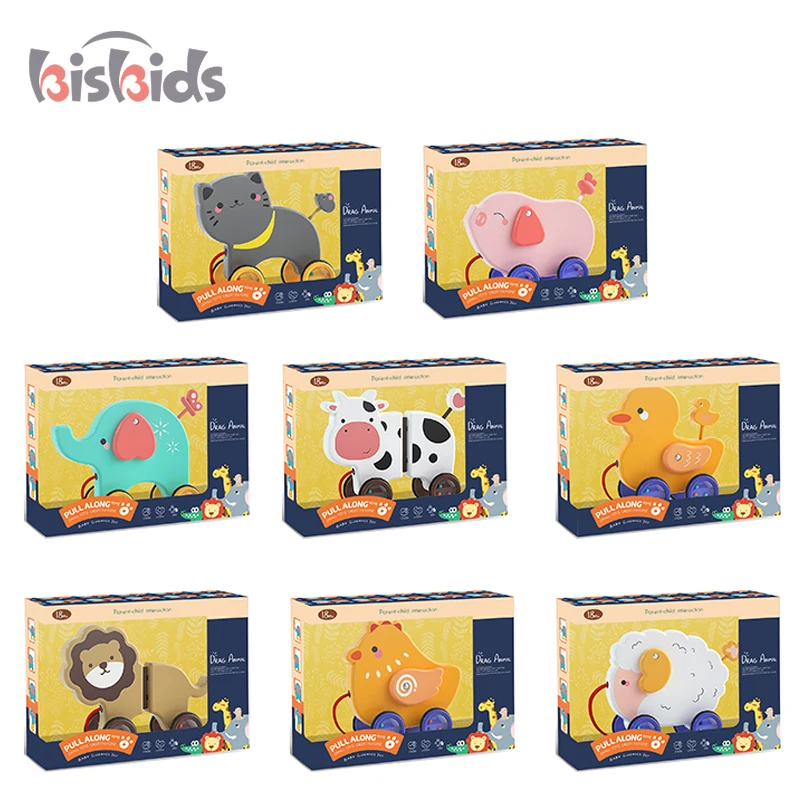 2021 wholesale new design wooden dragging animals toys baby guidance toy cartoon drag pull string toy