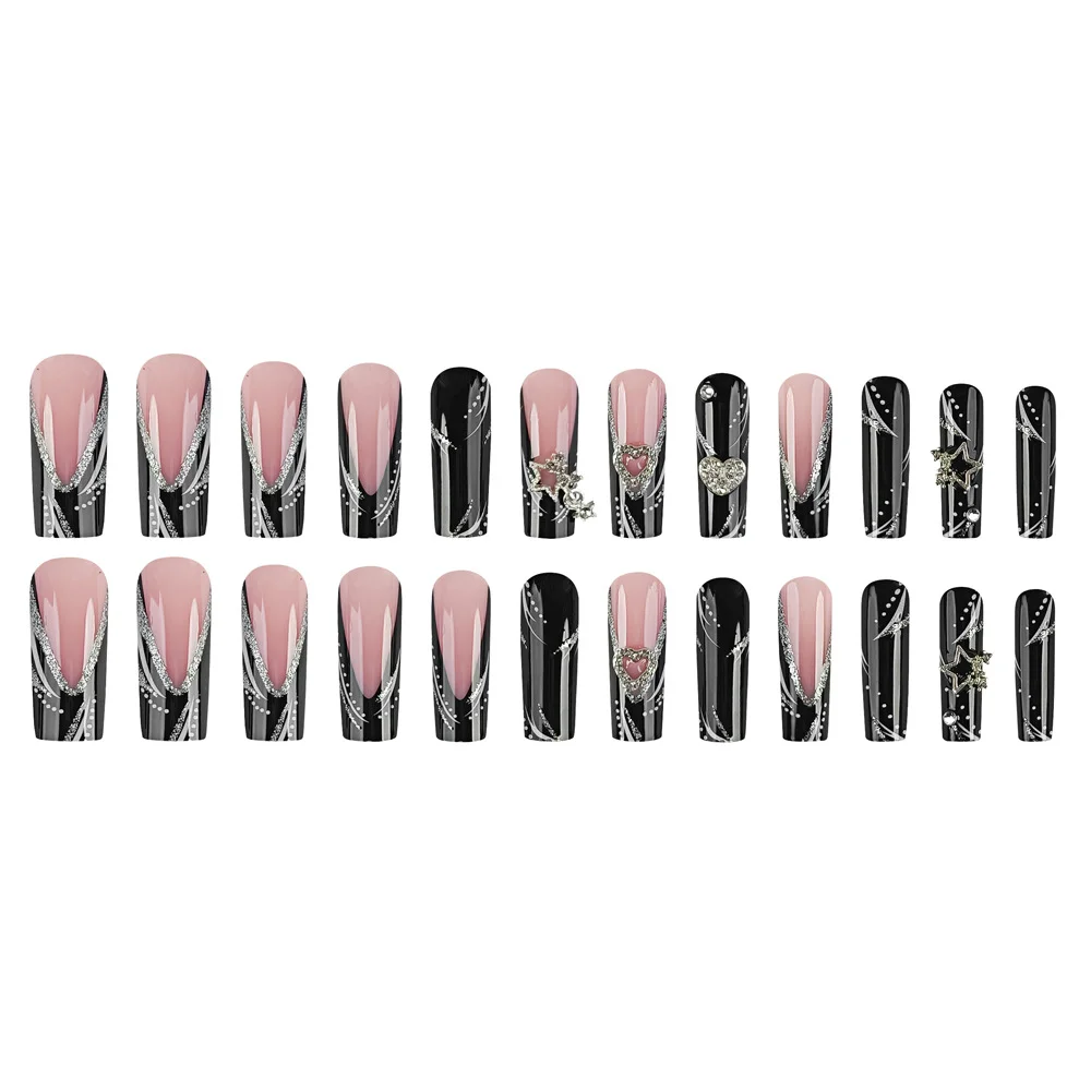 Mix Design Fake Nail With Luxury Hexagon Pattern Medium-long Oval Glitter False Nail Tip