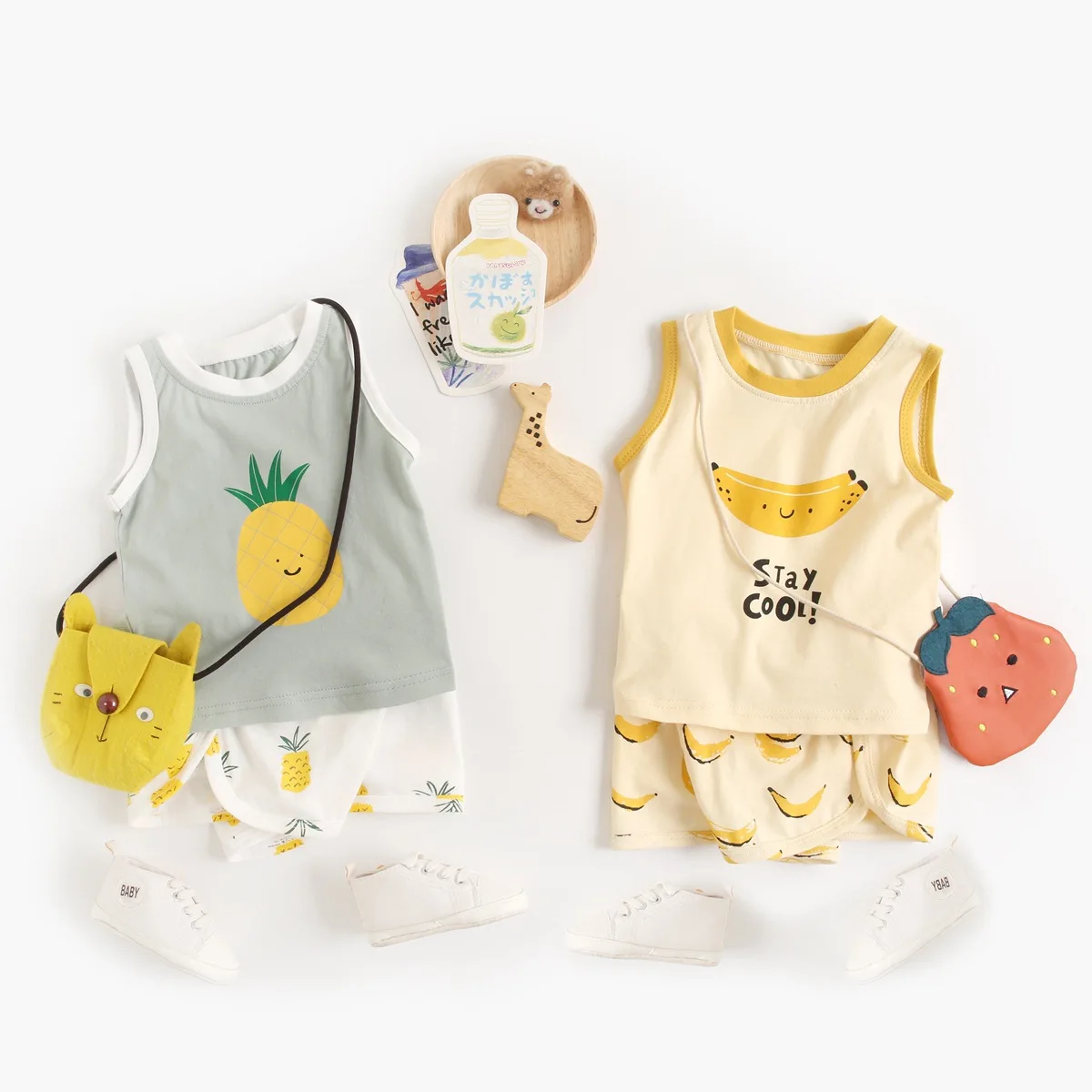 New Arrival Baby Summer Fruit Print Cute Cartoon Sleeveless Vest Shorts Clothes Set
