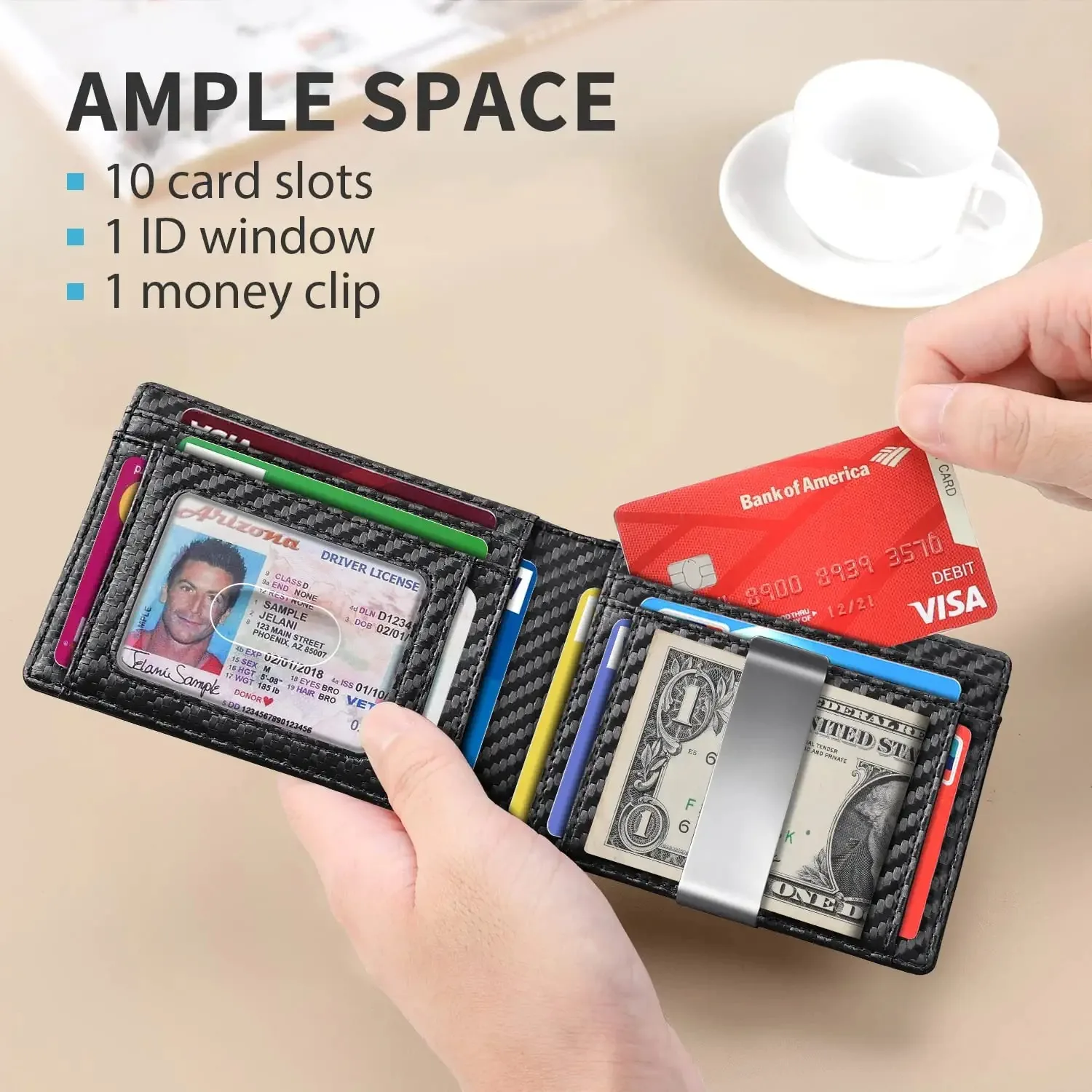 Custom Mens Carbon RFID Blocking Wallet Money Clip Bifold Slim Credit Card Holder Purse Men Wallet