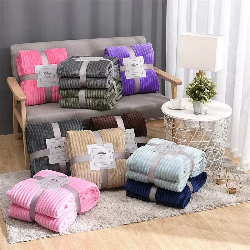 Solid color striped blanket flannel air conditioning blanket gift carpet coral velvet cover blanket Factory Store
