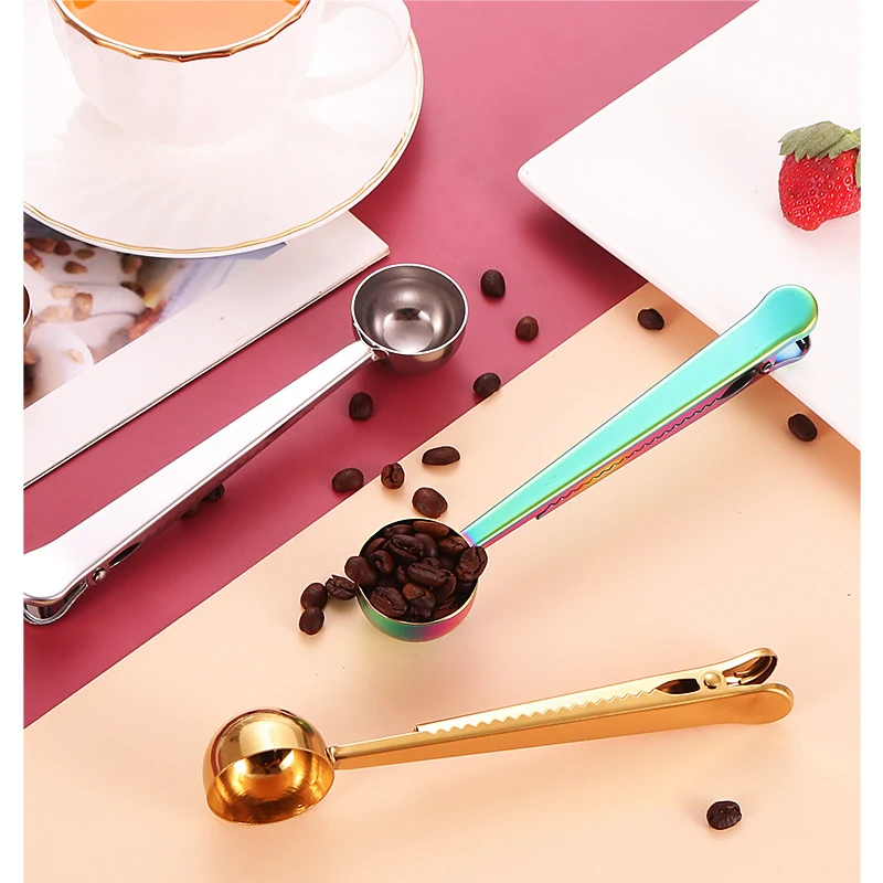 Two-in-one Stainless Steel Coffee Spoon Sealing Clip Kitchen Accessories Recipient Cafe Expresso Cucharilla Sealed Clips