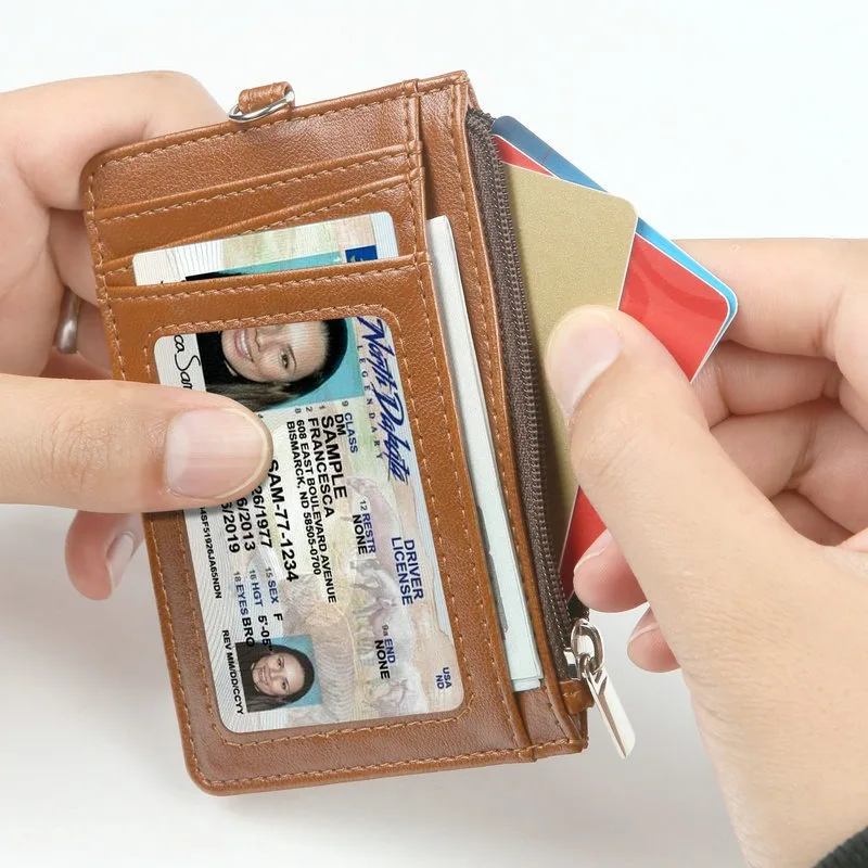 RFID PU Leather Credit Card Case Portable Multi Card Slots Zipper Wallet ID Badge Card Holder With Hand Strap