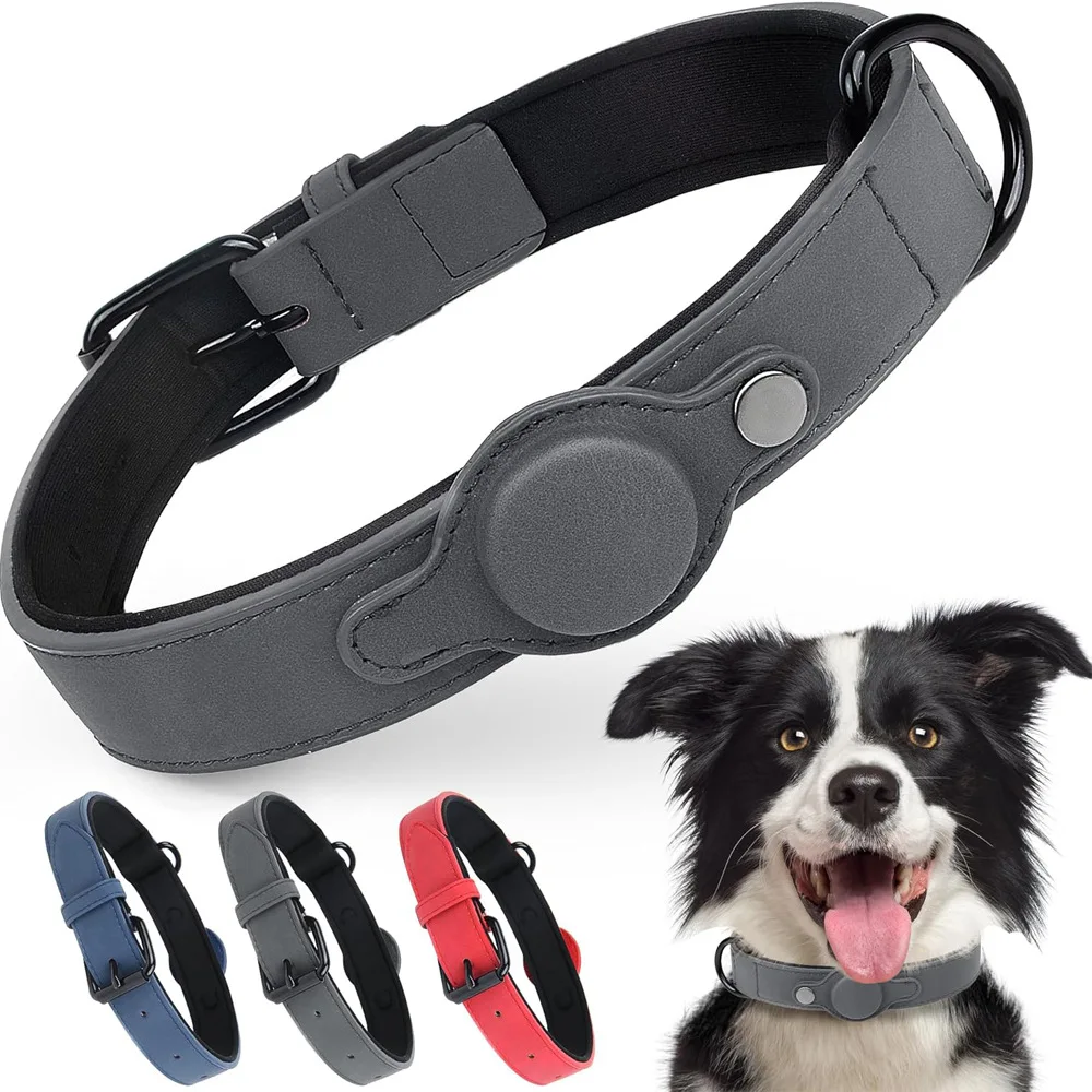 Wholesale Artificial Leather Airtag Dog Collar With Waterproof Air Tag Holder Pet Collars Tags Leather Pet Tags