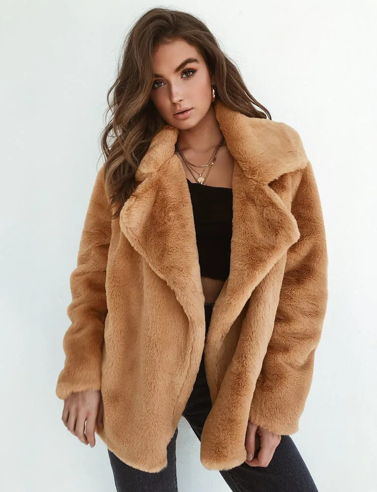 Fashion lady lapel  loose coat solid color plush warm long sleeve coat women