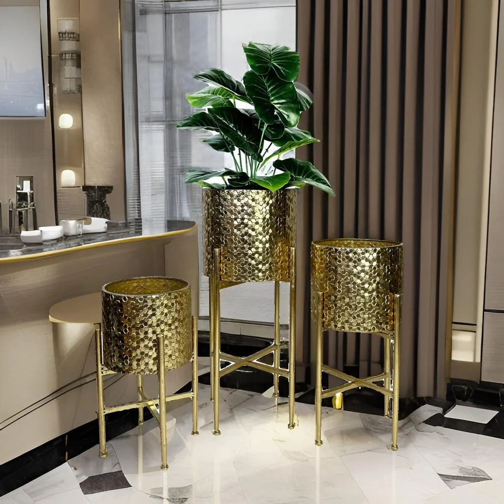 Lander Set of 3 Modern Luxury Gold Tall Floor Planters with Stands Elegant Gold Metal Plant Pots