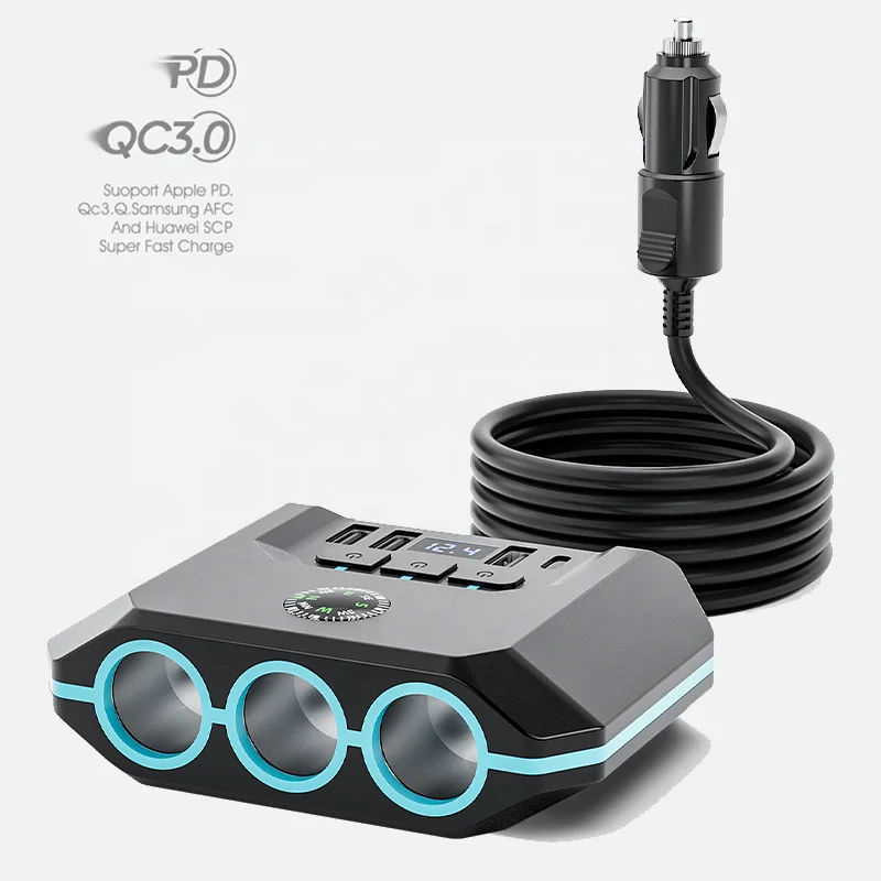 Compass 120W 3 socket 3 USB PD type C Quick Charge 3.0 fast charging digital LED Voltage cigarette lighter car charger splitter