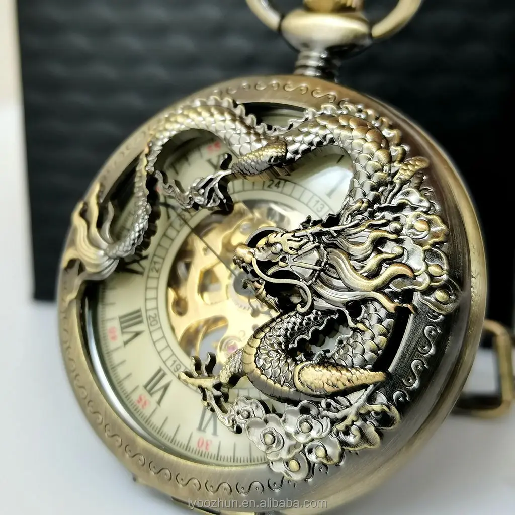 Wholesale Vintage Half Dragon Stainless Steel Hollow Mechanical Pocket Watch