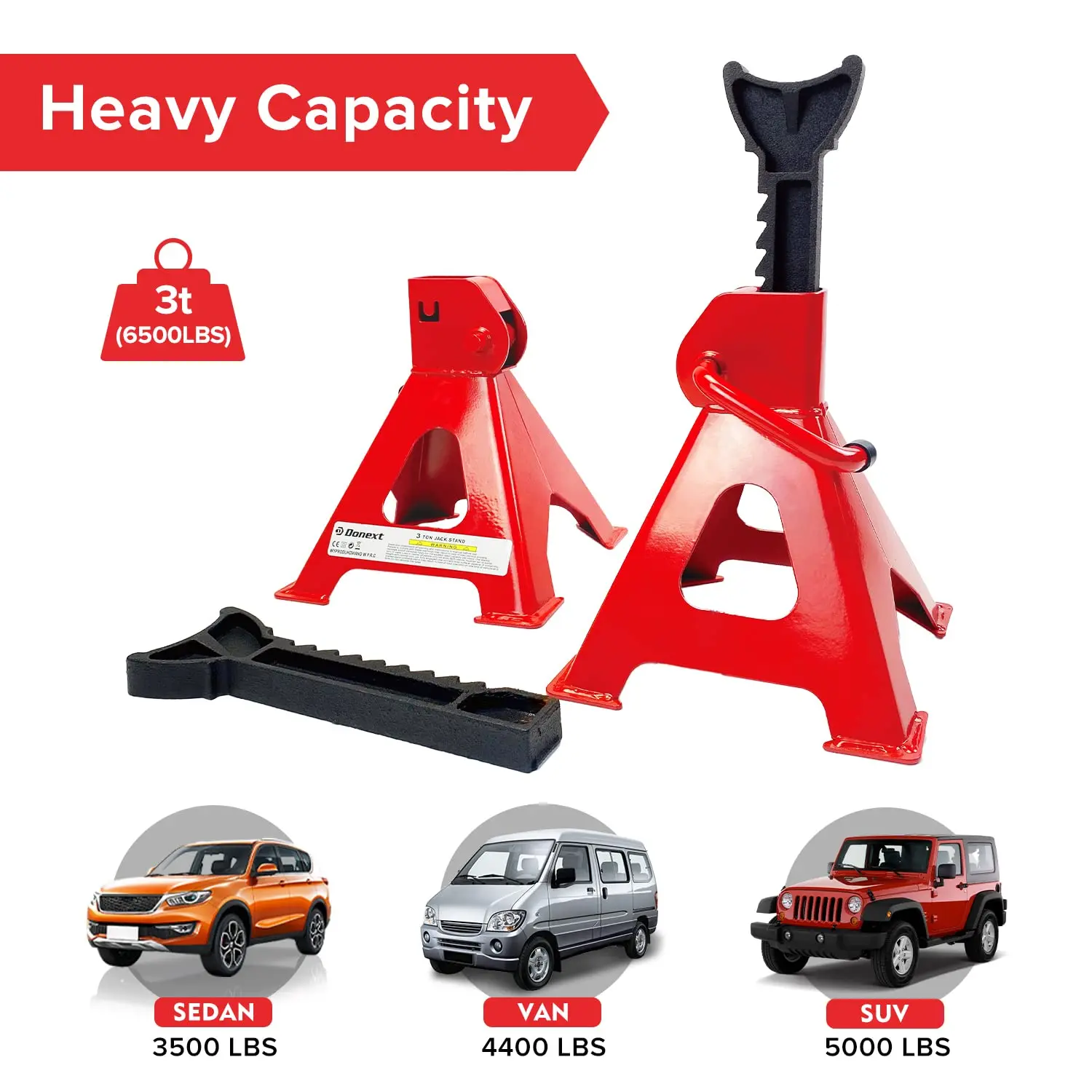 Red Steel Jack Stands 3 Ton (6,000 lb) Capacity 1 Pair Fits ATV, Heavy Duty/Commercial, Motorcycle, Passenger Vehicle