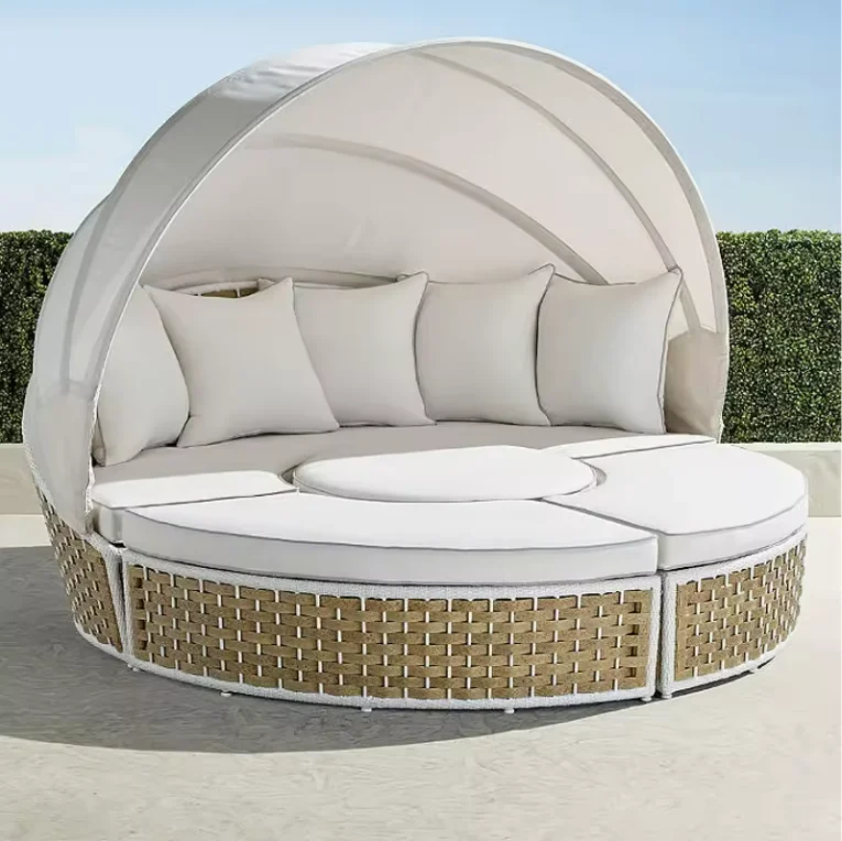 Flat synthetic rattan furniture round patio garden sofa day bed with storage modern