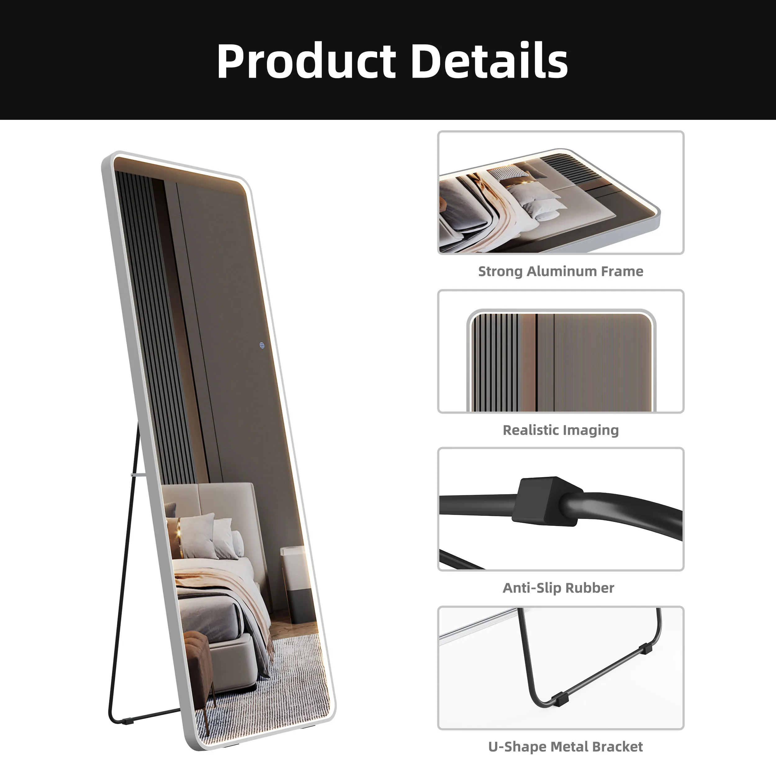 3 Color Dimmable Lighting Aluminum Frame Large Size Salon Body Dressing Full Length With Led Light Floor Standing Mirror