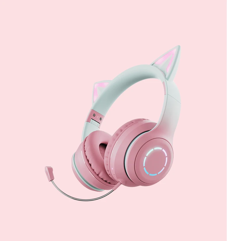Wander BT029C Gradient OverHead Cat Ear Headset Glowing With Plug in Mic Headband Cute Hot Gift For Kids Air Headphone Pods