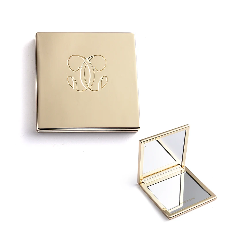Velvet Pouch Packing Gold Plated Debossed Logo Fashion Hand Bag Cosmetic Compact Mirror