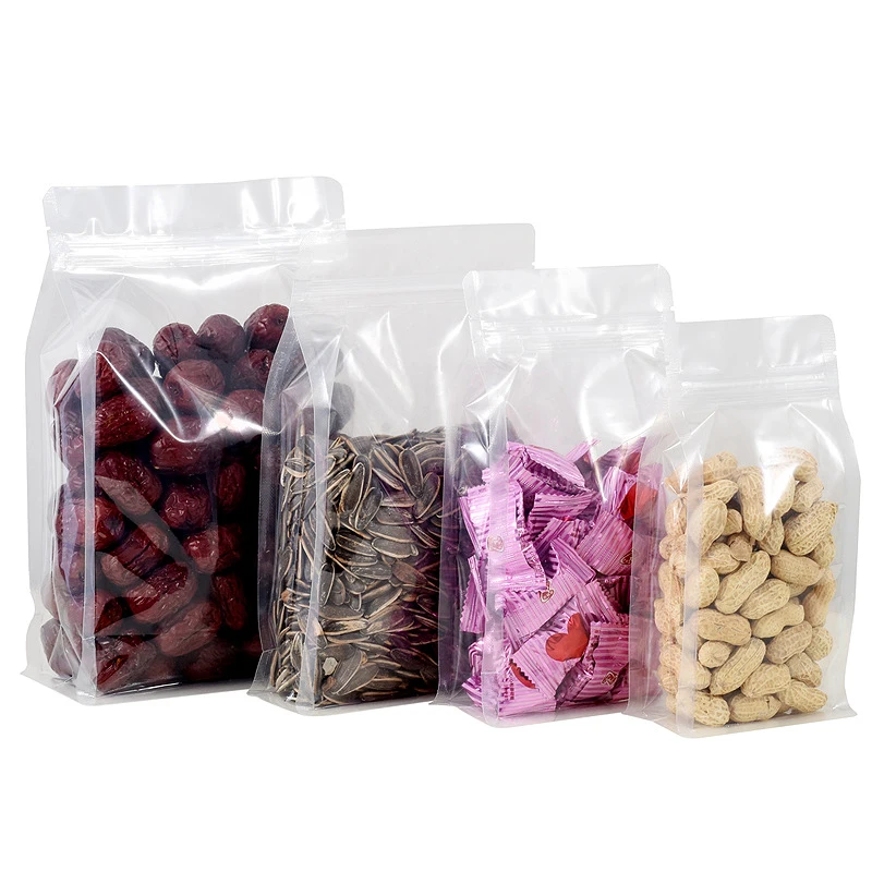  food grade eight side sealed transparent clear square flat bottom stand up zipper quad