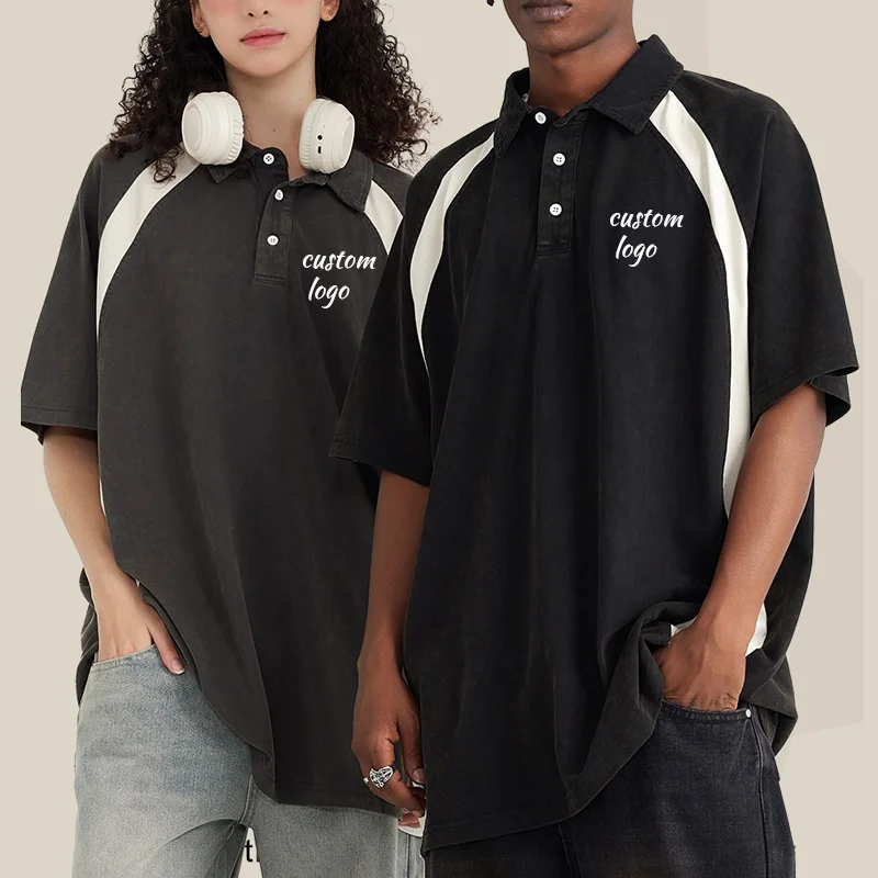 Men Acid Wash Polo Shirt Manufacturer Heavyweight Cotton Custom Relaxed Patchwork Oversized Vintage Polo Shirt Lady Hip Hop