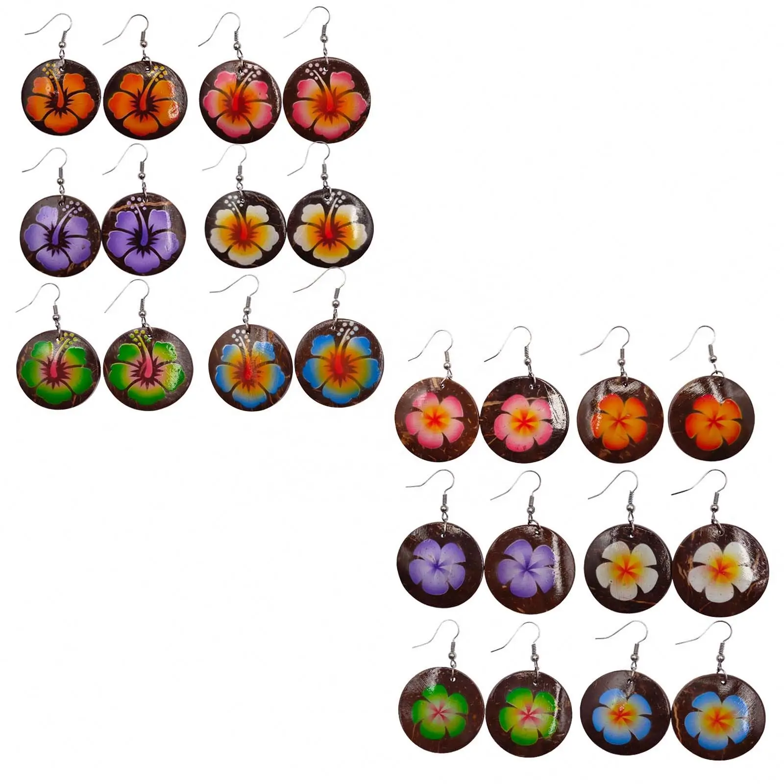 Fashion Women Jewelry Brown Hand Carved Round Shape Coconut Drop Earring Floral Painting Design For Women earrings