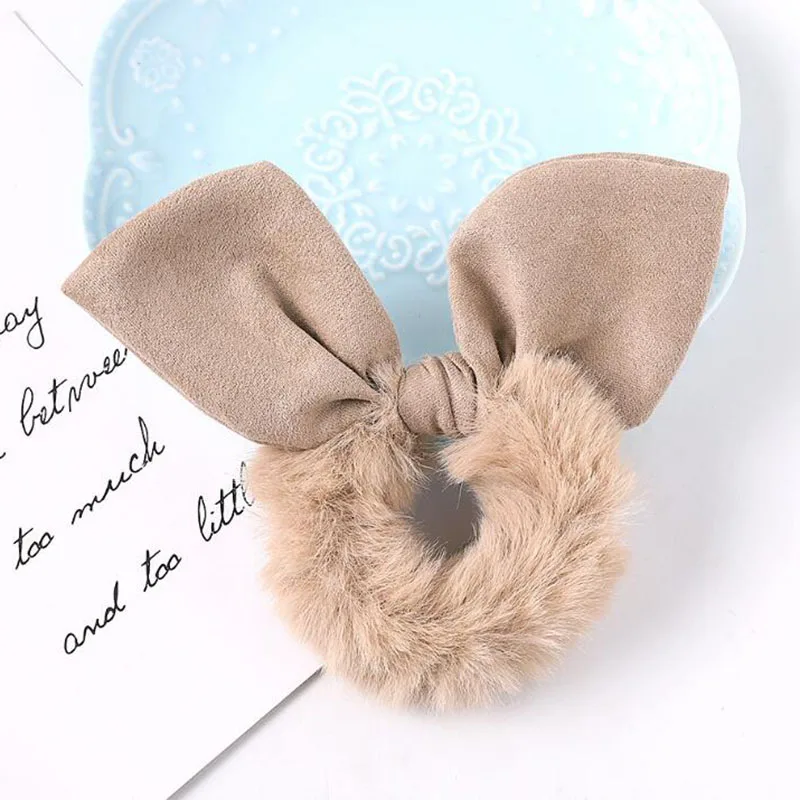 Wholesale New Fashion Women Girls INS Fur Bunny Ear Scrunchies Plush black hair ties