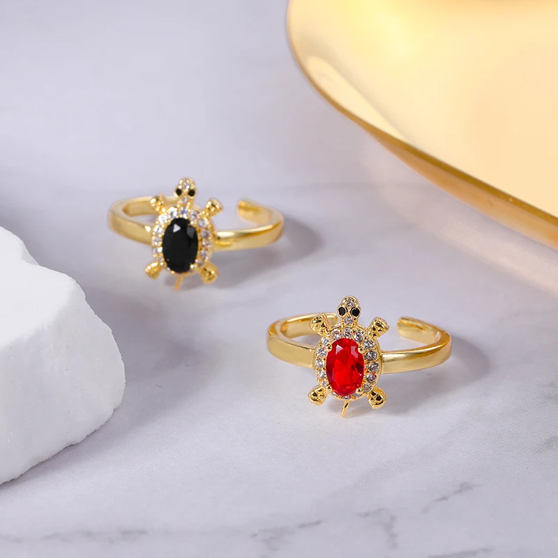 HOVANCI Cool Bling Bling Inlaid Zircon Finger Ring 18k Solid Gold Diamond Dainty Colored Oval Turtle CZ Zircon Ring for Party