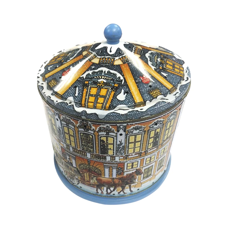 Lovely Carousel Round Shape Cartoon Image Christmas Empty Metal Package Gift Music Tin Box