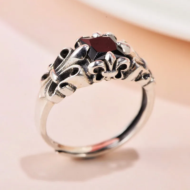 
Small black silver s925 sterling silver retro European crusader flower obsidian opening for men and women fashion trend ring 