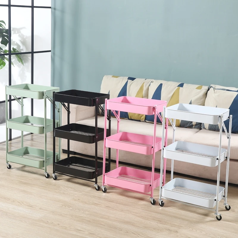 Small 3 tier Metal Utility Rolling Folding 3 Layer Cart Kitchen Trolley In Black Steel