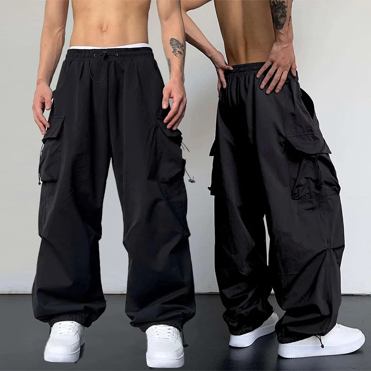 2024 High Quality Unisex Streetwear Custom Anti-Wrinkle Windproof Thick Fabric Baggy Wide Leg Nylon Parachute Pants for Men